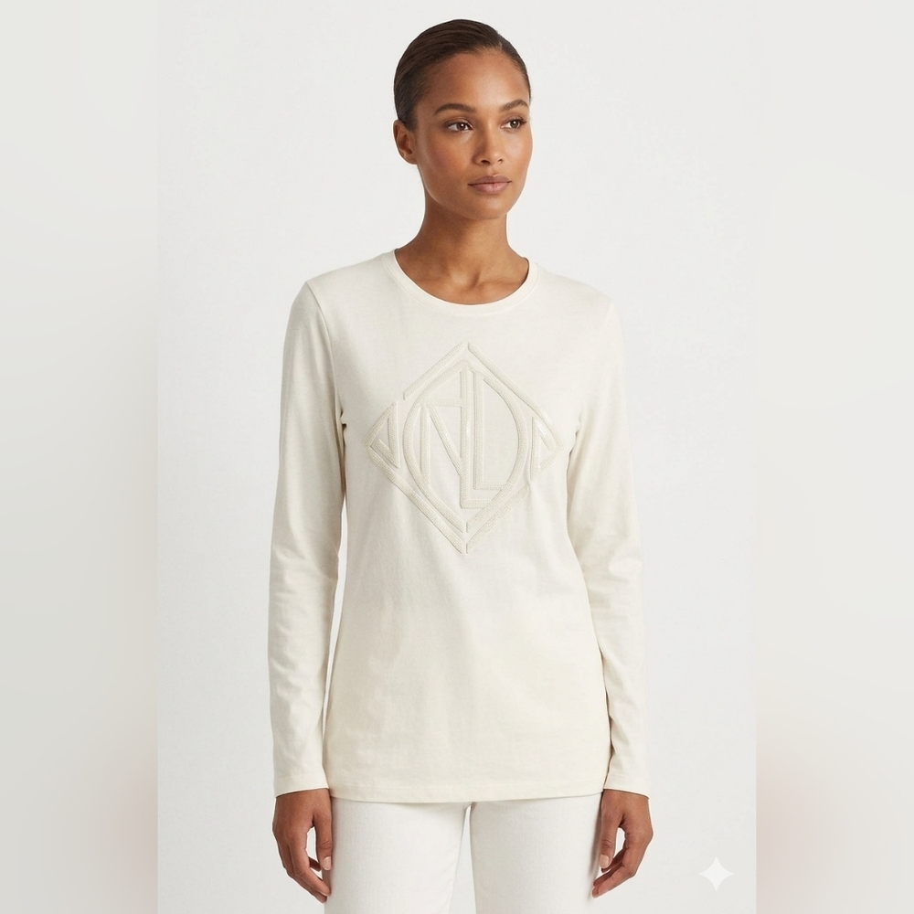 Lauren Ralph Lauren Sequined Long Sleeve Logo Tee - Cream Size L